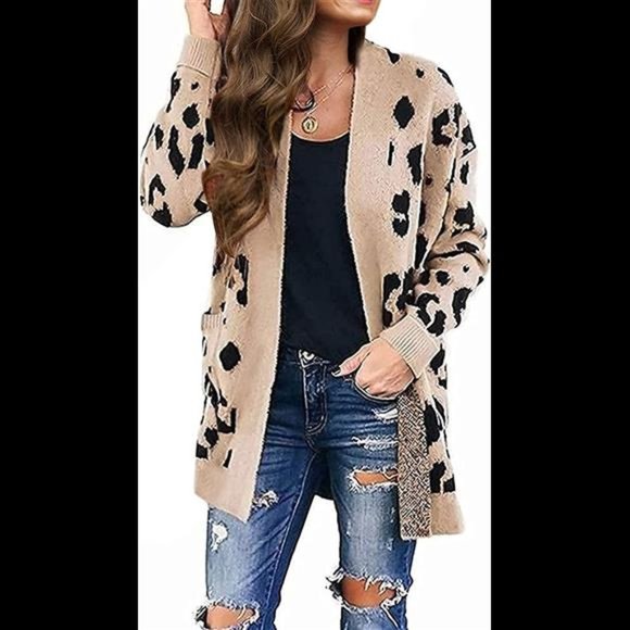 MEROKEETY Women's Open Front Leopard Knit Cardigan Sweaters Pockets Long